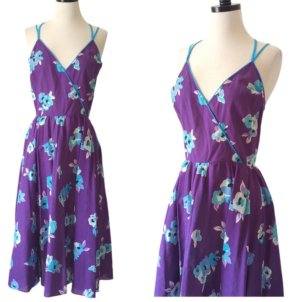 Vintage 60s 70s Dress Womens 11 M Purple Floral MCM Housewife Babydoll Frock